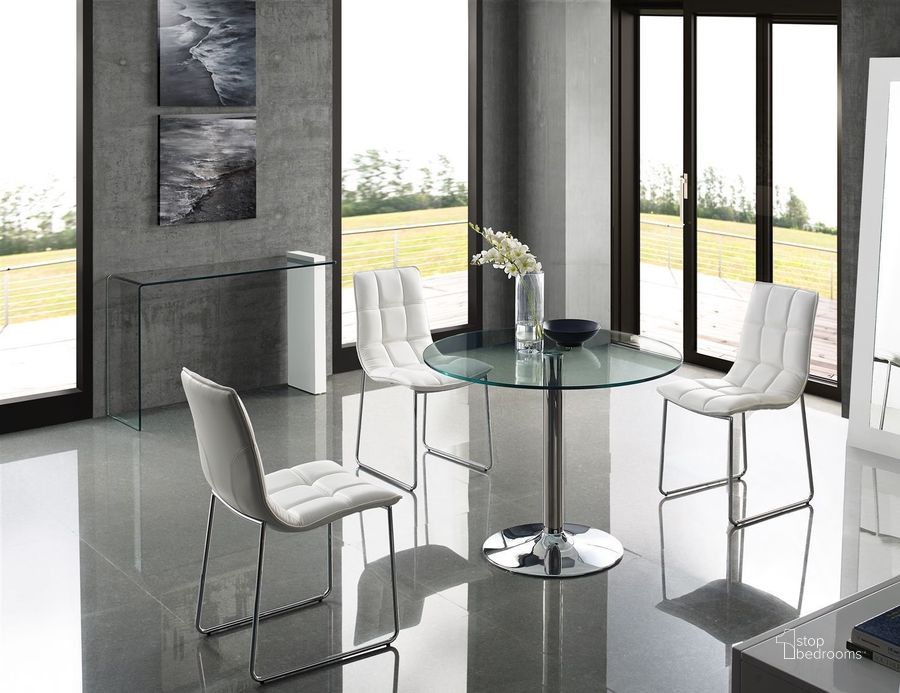 The appearance of Forte Chrome Dining Room Set with Leandro Dining Chairs designed by Casabianca Home in the modern / contemporary interior design. This chrome piece of furniture  was selected by 1StopBedrooms from Forte Collection to add a touch of cosiness and style into your home. Sku: CB-T016;CB-870White. Table Base Style: Pedestal. Table Top Shape: Round. Product Type: Dining Room Set. Material: Stainless Steel. Size: 39". Image1