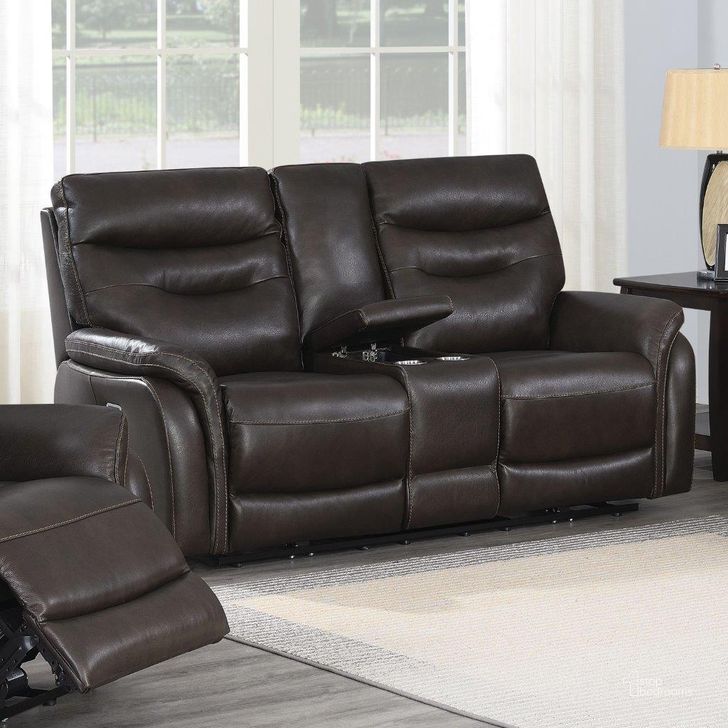The appearance of Fortuna Power Recliner Console Loveseat In Dark Brown designed by Steve Silver in the modern / contemporary interior design. This dark brown piece of furniture  was selected by 1StopBedrooms from Fortuna Collection to add a touch of cosiness and style into your home. Sku: FT850LC. Product Type: Reclining Loveseat. Material: Plywood. Image1