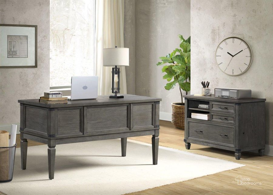 The appearance of Foundry Home Office Brushed Pewter 60 Inch Half Pedestal Home Office Set designed by Intercon in the transitional interior design. This gray piece of furniture  was selected by 1StopBedrooms from Foundry Home Office Collection to add a touch of cosiness and style into your home. Sku: FR-HO-6030WD-PEW-C;FR-HO-7632B-PEW-C. Product Type: Home Office Set. Image1