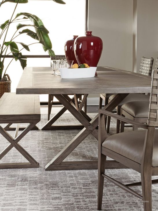 The appearance of Fox Creek Brown Dining Set designed by Isaac Tahari in the transitional interior design. This brown piece of furniture  was selected by 1StopBedrooms from Fox Creek Collection to add a touch of cosiness and style into your home. Sku: 01-2003-877-41;01-2002-880-41-01. Table Base Style: Trestle. Product Type: Dining Room Set. Table Top Shape: Rectangular. Size: 88". Image1