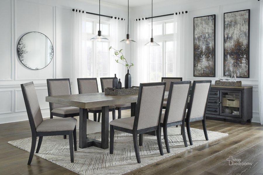 The appearance of Foyland Black And Brown Dining Room Set designed by Signature Design by Ashley in the modern / contemporary interior design. This black/brown piece of furniture  was selected by 1StopBedrooms from Foyland Collection to add a touch of cosiness and style into your home. Sku: D989-25;D989-01. Table Base Style: Trestle. Material: Wood. Product Type: Dining Room Set. Table Top Shape: Rectangular. Image1