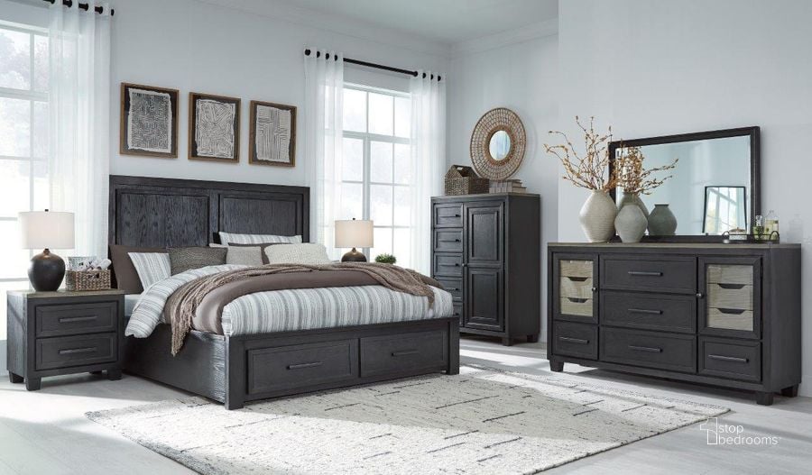 The appearance of Foyland Black And Brown Panel Storage Bedroom Set designed by Signature Design by Ashley in the modern / contemporary interior design. This black/brown piece of furniture  was selected by 1StopBedrooms from Foyland Collection to add a touch of cosiness and style into your home. Sku: B989-57;B989-54S;B989-96;B989-92. Bed Type: Storage Bed. Material: Wood. Product Type: Storage Bed. Bed Size: Queen. Image1