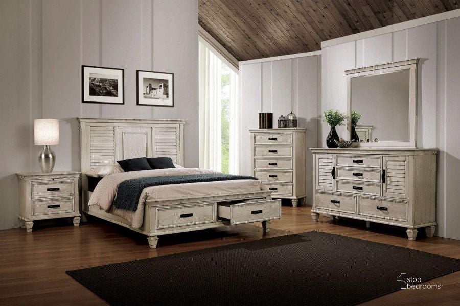 The appearance of Franco Antique White Panel Storage Bedroom Set designed by Coaster in the transitional interior design. This white piece of furniture  was selected by 1StopBedrooms from Franco Collection to add a touch of cosiness and style into your home. Sku: 205330QB1;205330QB2;205330QB3;205332. Bed Type: Storage Bed. Material: Wood. Product Type: Storage Bed. Bed Size: Queen. Image1