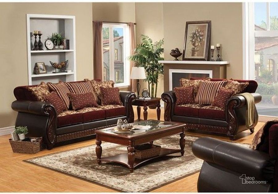 The appearance of Franklin Burgundy And Espresso Living Room Set designed by Furniture of America in the traditional interior design. This brown piece of furniture  was selected by 1StopBedrooms from Franklin Collection to add a touch of cosiness and style into your home. Sku: SM6107N-SF;SM6107N-LV. Material: Fabric. Product Type: Living Room Set. Image1