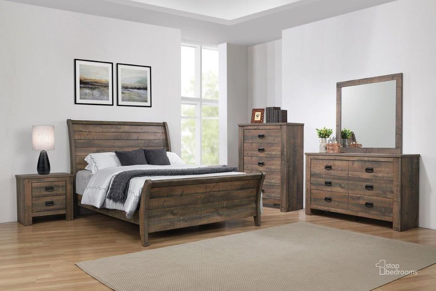 The appearance of Frederick Weathered Oak Sleigh Bedroom Set designed by Coaster in the transitional interior design. This brown piece of furniture  was selected by 1StopBedrooms from Frederick Collection to add a touch of cosiness and style into your home. Sku: 222961QB1;222961QB2;222961QB3;222962. Bed Type: Sleigh Bed. Product Type: Sleigh Bed. Bed Size: Queen. Material: MDF. Image1