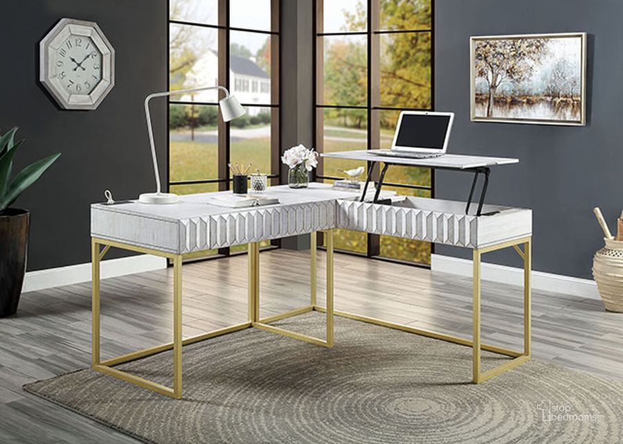 The appearance of Freiburg Corner Desk In Antique White designed by Furniture of America in the transitional interior design. This antique white piece of furniture  was selected by 1StopBedrooms from Freiburg Collection to add a touch of cosiness and style into your home. Sku: CM-DK406WH-L;CM-DK406WH-USB. Material: Wood. Product Type: Corner Desk. Image1