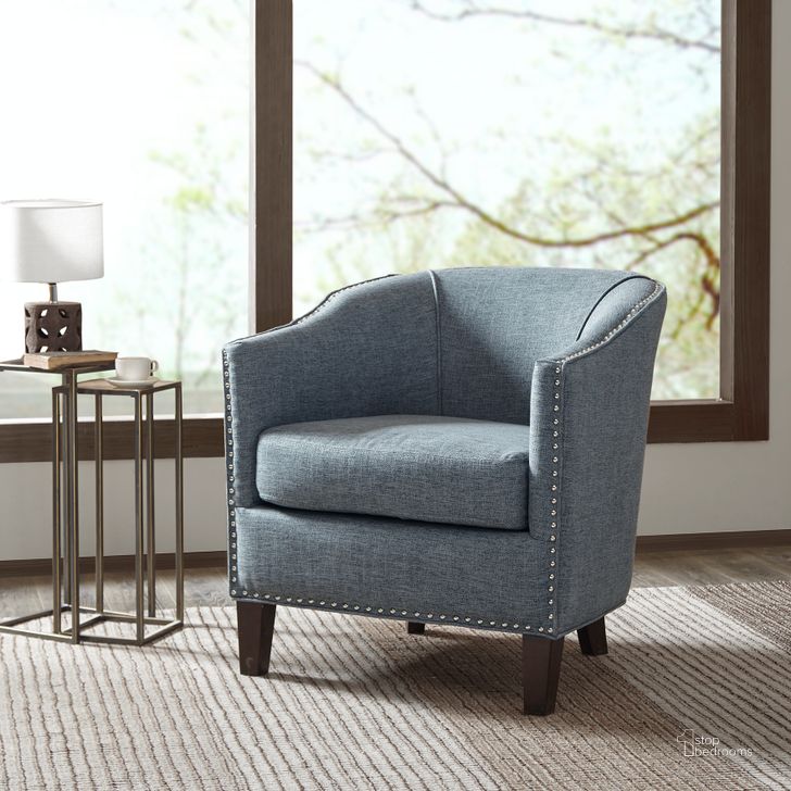 The appearance of Fremont Barrel Arm Chair In Slate Blue designed by Olliix in the modern / contemporary interior design. This slate blue piece of furniture  was selected by 1StopBedrooms from Fremont Collection to add a touch of cosiness and style into your home. Sku: FPF18-0494. Material: Wood. Product Type: Arm Chair. Image1