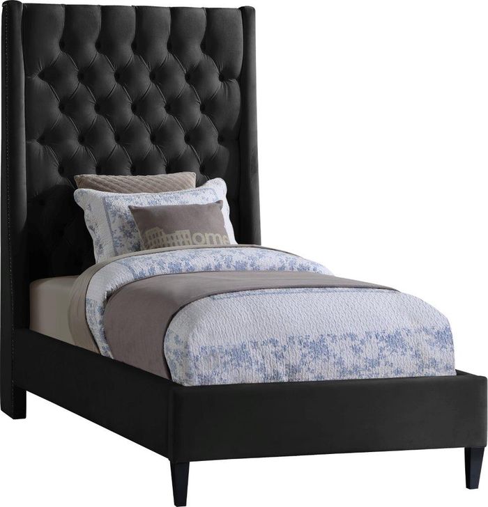 The appearance of Fritz Black Twin Bed designed by Meridian in the modern / contemporary interior design. This black velvet piece of furniture  was selected by 1StopBedrooms from Fritz Collection to add a touch of cosiness and style into your home. Sku: FritzBlack-T-1;FritzBlack-T-2. Bed Type: Platform Bed. Product Type: Platform Bed. Bed Size: Twin. Material: Velvet. Image1