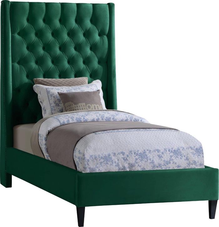 The appearance of Fritz Velvet Twin Bed In Green designed by Meridian in the modern / contemporary interior design. This green piece of furniture  was selected by 1StopBedrooms from Fritz Collection to add a touch of cosiness and style into your home. Sku: FritzGreen-T-1;FritzGreen-T-2. Product Type: Bed. Bed Size: Twin. Material: Velvet. Image1