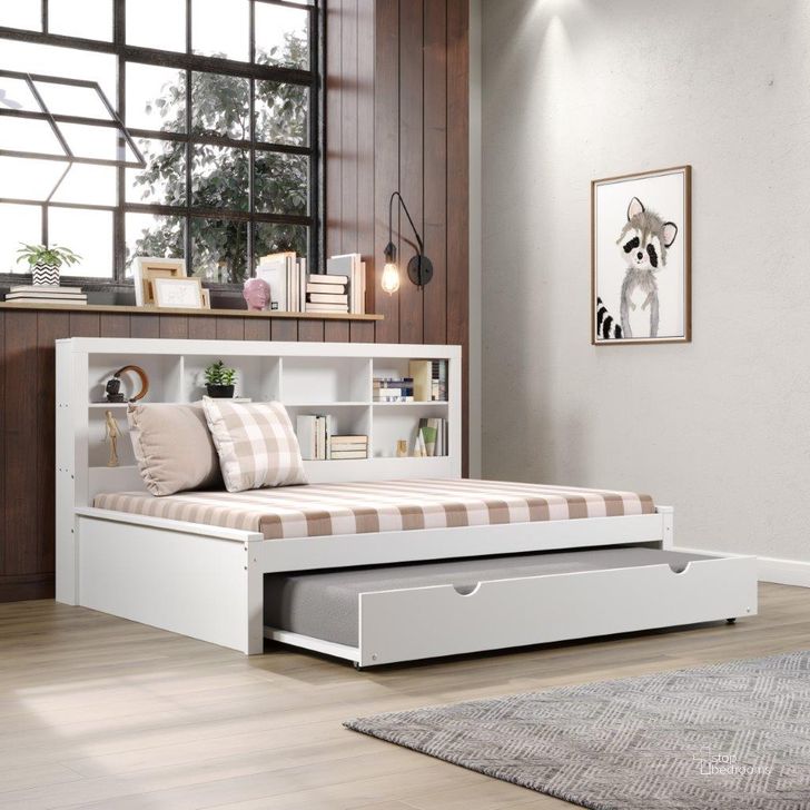 The appearance of Full Bookcase Daybed With Trundle In White designed by DONCO kids in the transitional interior design. This white piece of furniture  was selected by 1StopBedrooms from  to add a touch of cosiness and style into your home. Sku: 1733A-FW;1733B-FW;503-W. Bed Type: Daybed. Material: Wood. Product Type: DayBed. Bed Size: Full. Image1