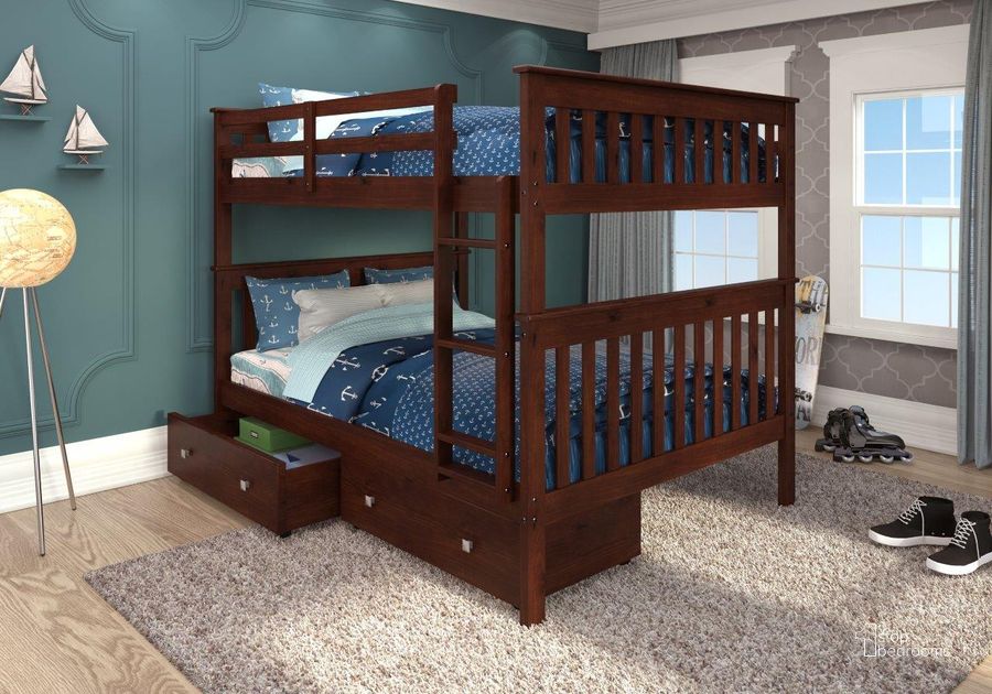 The appearance of Full-Full Mission Bunk Bed With Dual Underbed Drawers Dark Cappuccino Finish-123-3-FFCP505-CP designed by DONCO kids in the modern / contemporary interior design. This dark cappuccino piece of furniture  was selected by 1StopBedrooms from  to add a touch of cosiness and style into your home. Sku: 123-3-FFCP_505-CP. Bed Type: Bunk Bed. Material: Wood. Product Type: Bunk Bed. Bed Size: Full. Image1