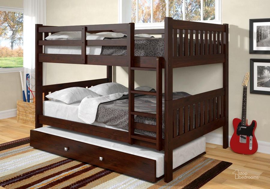 The appearance of Full-Full Mission Bunk Bed With Trundle Bed Dark Cappuccino Finish-1015-3FFCP503-CP designed by DONCO kids in the modern / contemporary interior design. This dark cappuccino piece of furniture  was selected by 1StopBedrooms from  to add a touch of cosiness and style into your home. Sku: 1015-3FFCP_503-CP. Bed Type: Bunk Bed. Material: Wood. Product Type: Bunk Bed. Bed Size: Full.