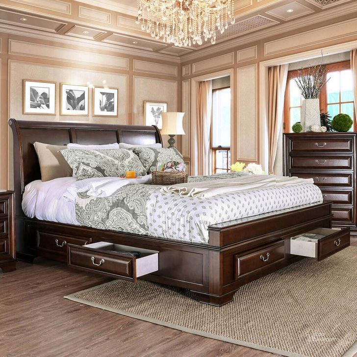 The appearance of Furniture of America Brandt Brown Cherry King Bed designed by Furniture of America in the transitional interior design. This brown cherry piece of furniture  was selected by 1StopBedrooms from Brandt Collection to add a touch of cosiness and style into your home. Sku: CM7302CH-EK-1;CM7302CH-EK-2;CM7302CH-EK-3;CM7302CH-EK-4;CM7302CH-EK-5. Bed Type: Storage Bed. Product Type: Storage Bed. Bed Size: King. Image1