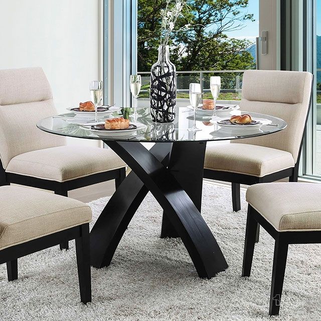 The appearance of Furniture of America Jasmin Black Dining Table designed by Furniture of America in the modern / contemporary interior design. This black piece of furniture  was selected by 1StopBedrooms from Jasmin Collection to add a touch of cosiness and style into your home. Sku: CM3393RT-1;CM3393RT-2. Table Base Style: Pedestal. Table Top Shape: Round. Product Type: Dining Table. Image1
