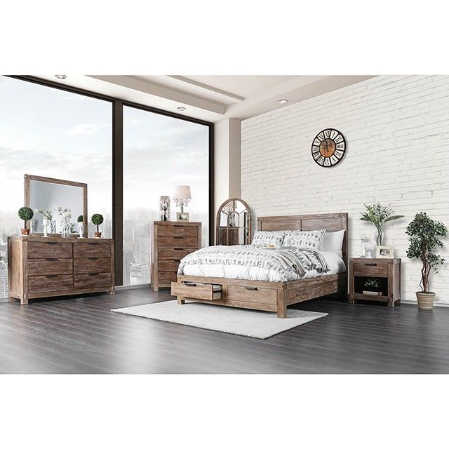 The appearance of Furniture of America Wynton Light Oak King Bed designed by Furniture of America in the transitional interior design. This weathered oak piece of furniture  was selected by 1StopBedrooms from Wynton Collection to add a touch of cosiness and style into your home. Sku: CM7360EK-HB;CM7360EK-FB;CM7360EK-R. Bed Type: Storage Bed. Product Type: Storage Bed. Bed Size: King. Image1