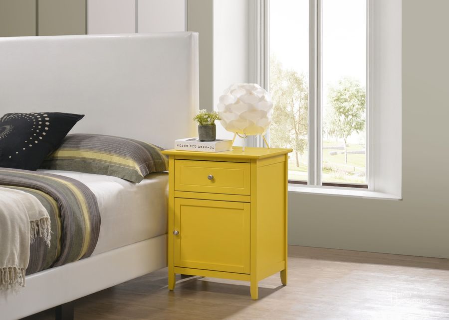 The appearance of Glory Furniture Izzy 1 Drawer /1 Door Nightstand, Yellow designed by Glory in the modern / contemporary interior design. This yellow piece of furniture  was selected by 1StopBedrooms from Izzy Collection to add a touch of cosiness and style into your home. Sku: G1402-N-Nightstand. Material: Wood. Product Type: Nightstand. Image1