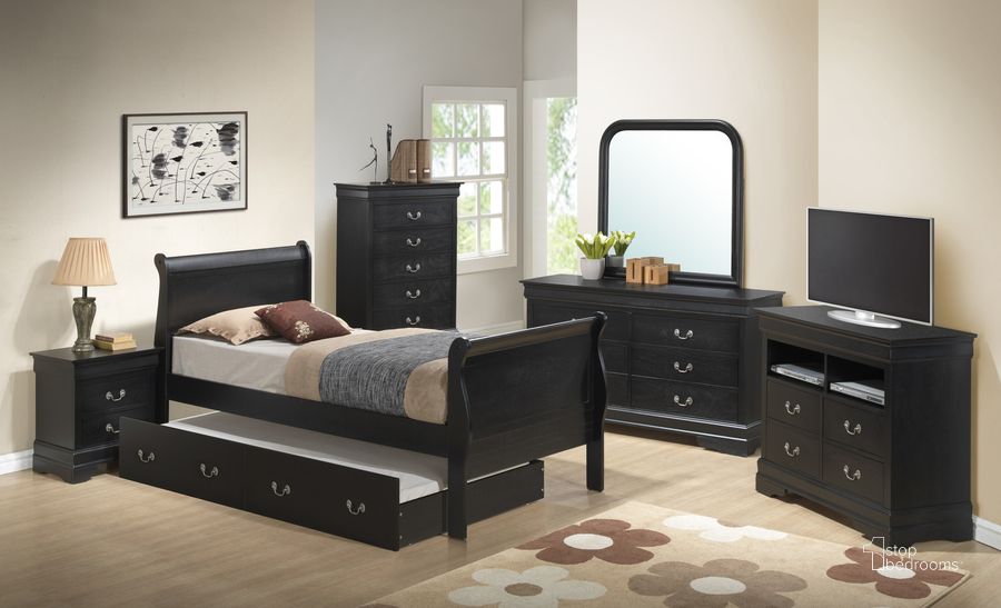 The appearance of Glory Furniture G3150 Trundle Bedroom Set in Black designed by Glory in the traditional interior design. This black piece of furniture  was selected by 1StopBedrooms from G3150 Collection to add a touch of cosiness and style into your home. Sku: G3150G-TTB-Twin Trundle Bed Headboard & Footboard;G3150G-TTB-Twin Trundle Bed Rails;G3150G-TTB-Trundle Bed Frame for Full/Twin;G3150G-TTB-Trundle Bed Boards For Full/Twin;G3150-N-Nightstand. Material: Glass. Bed Size: Twin. Product Type: Trundle Bed. Image1