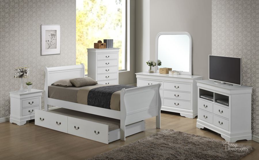 The appearance of Glory Furniture G3190 Trundle Bedroom Set in White designed by Glory in the traditional interior design. This white piece of furniture  was selected by 1StopBedrooms from G3190 Collection to add a touch of cosiness and style into your home. Sku: G3190G-TTB-Twin Trundle Bed Headboard & Footboard;G3190G-TTB-Twin Trundle Bed Rails;G3190G-TTB-Trundle Bed Frame for Full/Twin;G3190G-TTB-Trundle Bed Boards For Full/Twin;G3190-N-Nightstand. Material: Glass. Product Type: Sleigh Bed. Bed Size: Twin. Image1