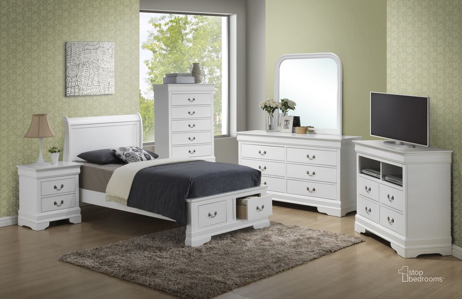 The appearance of Glory Furniture G3190 Low Profile Storage Bedroom Set in White designed by Glory in the traditional interior design. This white piece of furniture  was selected by 1StopBedrooms from G3190 Collection to add a touch of cosiness and style into your home. Sku: G3190D-TSB2-Twin Bed  Headboard;G3190D-TSB2-Twin Bed  Footboard;G3190D-TSB2-Twin Bed  Rails;G3190D-TSB2-Twin Bed  Footboard Drawers;G3190-N-Nightstand. Material: Wood. Product Type: Storage Bed. Bed Size: Twin. Image1