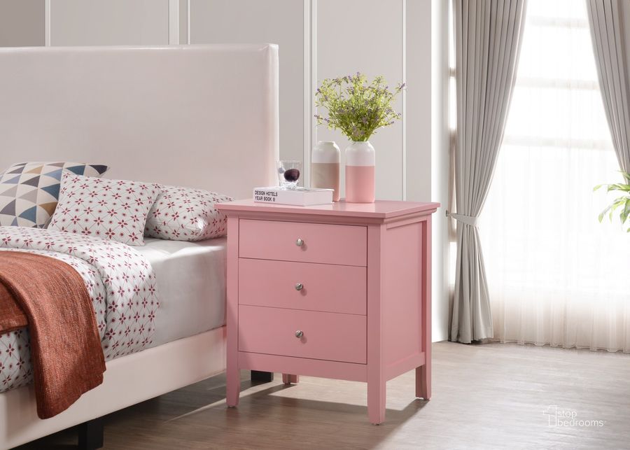 The appearance of Glory Furniture Hammond 3 Drawer Nightstand, Pink designed by Glory in the transitional interior design. This pink piece of furniture  was selected by 1StopBedrooms from Hammond Collection to add a touch of cosiness and style into your home. Sku: G5404-N-3 Drawer Nightstand. Material: Wood. Product Type: Nightstand. Image1
