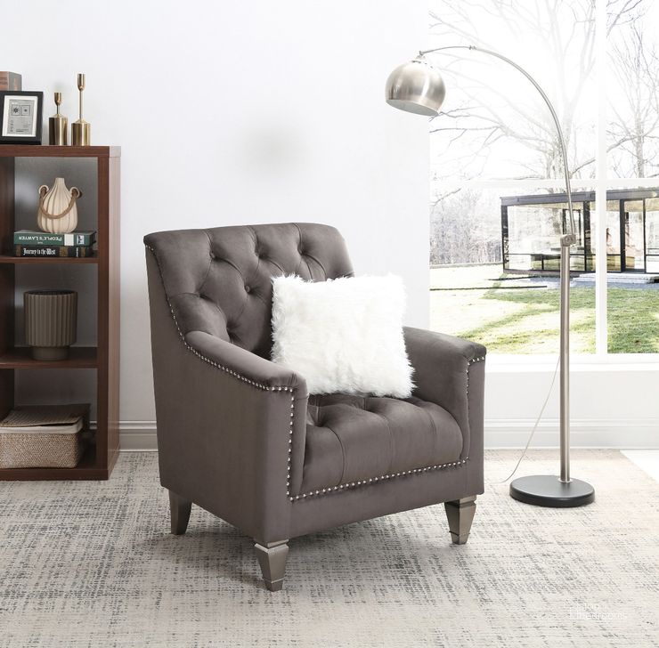 The appearance of Glory Furniture Dania Chair, Gray designed by Glory in the traditional interior design. This gray piece of furniture  was selected by 1StopBedrooms from Dania Collection to add a touch of cosiness and style into your home. Sku: G852-C-Chair. Material: Wood. Product Type: Accent Chair. Image1