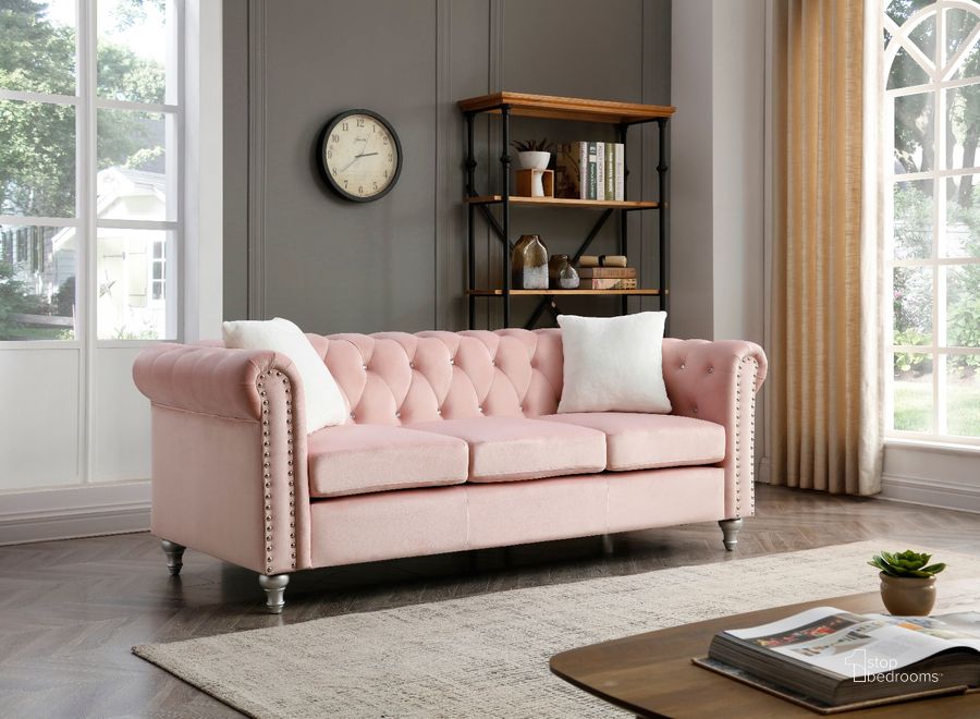 The appearance of Glory Furniture Raisa Sofa, Pink designed by Glory in the modern / contemporary interior design. This pink piece of furniture  was selected by 1StopBedrooms from Raisa Collection to add a touch of cosiness and style into your home. Sku: G864A-S-Sofa Seat and Frame;G864A-S-Sofa Back;G864A-S-Sofa Arms. Material: Wood. Product Type: Sofa. Image1