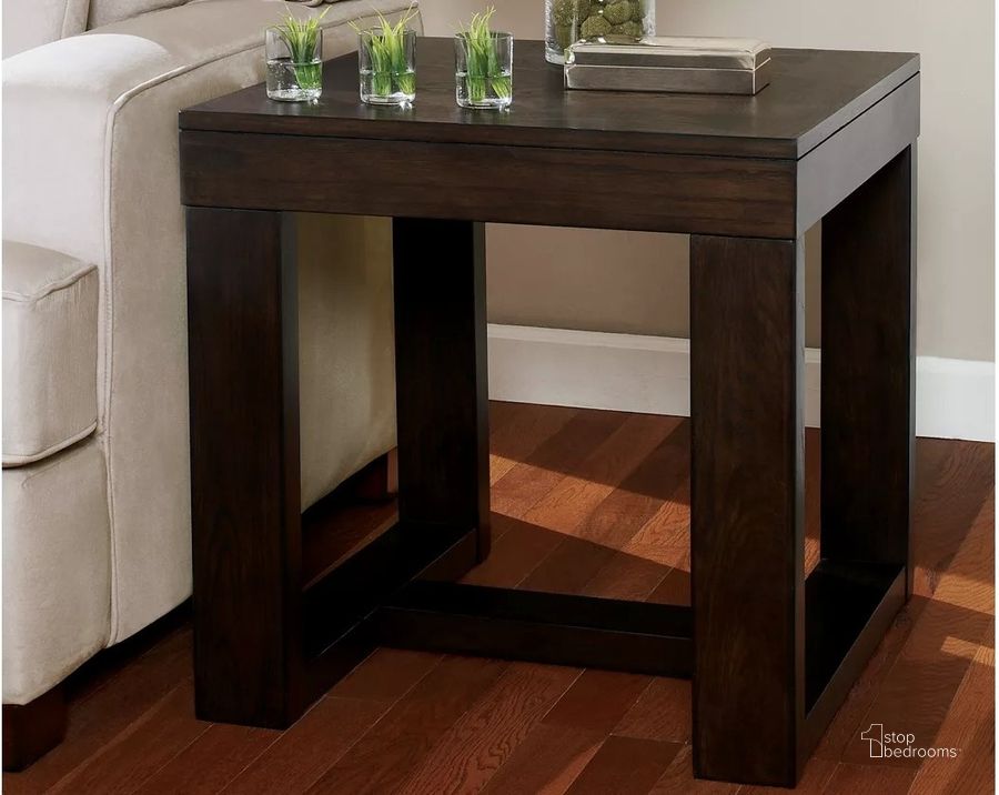 The appearance of Gabador Dark Brown End Table designed by Isaac Tahari in the modern / contemporary interior design. This dark brown piece of furniture  was selected by 1StopBedrooms from Gabador Collection to add a touch of cosiness and style into your home. Sku: T481-2. Material: Wood. Product Type: End Table. Table Top Shape: Rectangular. Image1