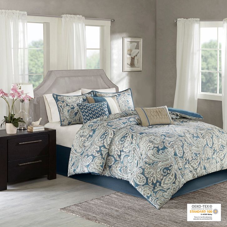 The appearance of Gabby Cotton Sateen Printed 7Pcs Queen Comforter Set In Blue designed by Olliix in the transitional interior design. This blue piece of furniture  was selected by 1StopBedrooms from Gabby Collection to add a touch of cosiness and style into your home. Sku: MP10-3311. Material: Polyester. Bed Size: Queen. Product Type: Comforter Set. Image1