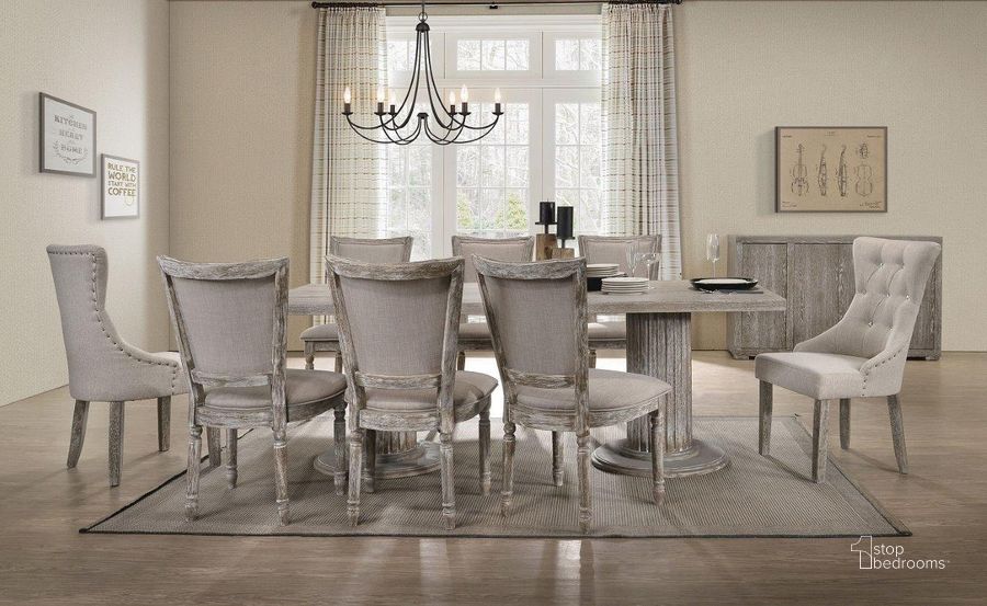 The appearance of Gabrian Rectangular Dining Room Set designed by ACME in the transitional interior design. This gray piece of furniture  was selected by 1StopBedrooms from Gabrian Collection to add a touch of cosiness and style into your home. Sku: 60170T;60171ST;60172. Table Base Style: Double Pedestal. Material: Wood. Product Type: Dining Room Set. Table Top Shape: Rectangular. Image1