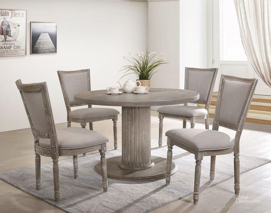 The appearance of Gabrian Round Dining Room Set designed by ACME in the transitional interior design. This gray piece of furniture  was selected by 1StopBedrooms from Gabrian Collection to add a touch of cosiness and style into your home. Sku: 71725T;71726ST;60172. Table Base Style: Pedestal. Table Top Shape: Round. Material: Wood. Product Type: Dining Room Set. Size: 47". Image1