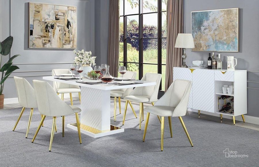 The appearance of Gaines Dining Room Set (White) designed by ACME in the modern / contemporary interior design. This white high gloss piece of furniture  was selected by 1StopBedrooms from Gaines Collection to add a touch of cosiness and style into your home. Sku: DN01258-1;DN01258-2;DN01259. Table Base Style: Pedestal. Material: Wood. Product Type: Dining Room Set. Table Top Shape: Rectangular. Size: 71". Image1