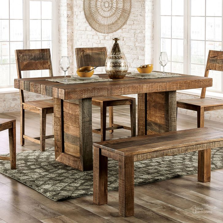 The appearance of Galanthus Dining Table In Weathered Light Natural Tone designed by Furniture of America in the rustic / southwestern interior design. This light natural piece of furniture  was selected by 1StopBedrooms from Galanthus Collection to add a touch of cosiness and style into your home. Sku: FOA51029. Table Base Style: Double Pedestal. Material: Wood. Product Type: Dining Table. Table Top Shape: Rectangular. Size: 36". Image1