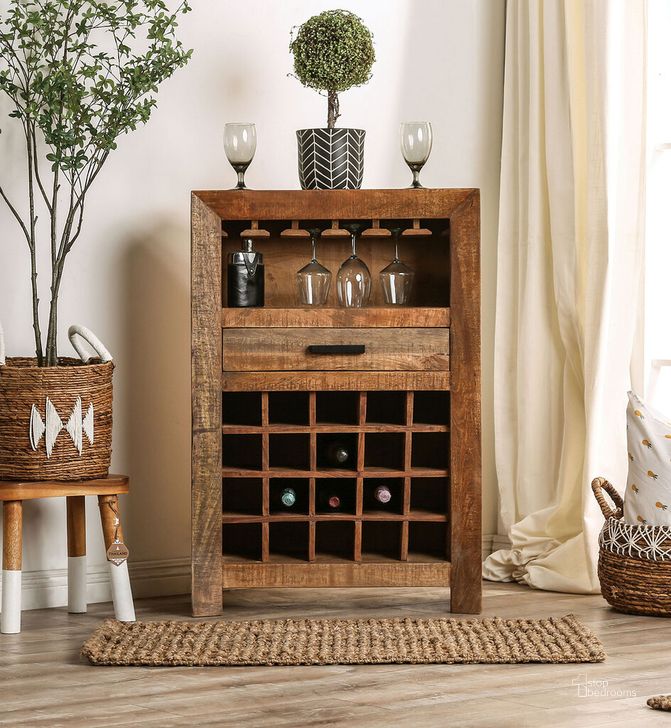 The appearance of Galanthus Wine Cabinet In Natural designed by Furniture of America in the rustic / southwestern interior design. This natural piece of furniture  was selected by 1StopBedrooms from Galanthus Collection to add a touch of cosiness and style into your home. Sku: FOA51036. Material: Wood. Product Type: Wine Cabinet.