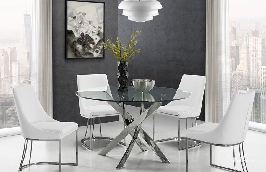 The appearance of Galaxy Chrome Dining Room Set with Creek Dining Chairs designed by Casabianca Home in the modern / contemporary interior design. This chrome piece of furniture  was selected by 1StopBedrooms from Galaxy Collection to add a touch of cosiness and style into your home. Sku: CB-F2133;CB-F3185-W. Table Top Shape: Round. Product Type: Dining Room Set. Material: Stainless Steel. Size: 51". Image1