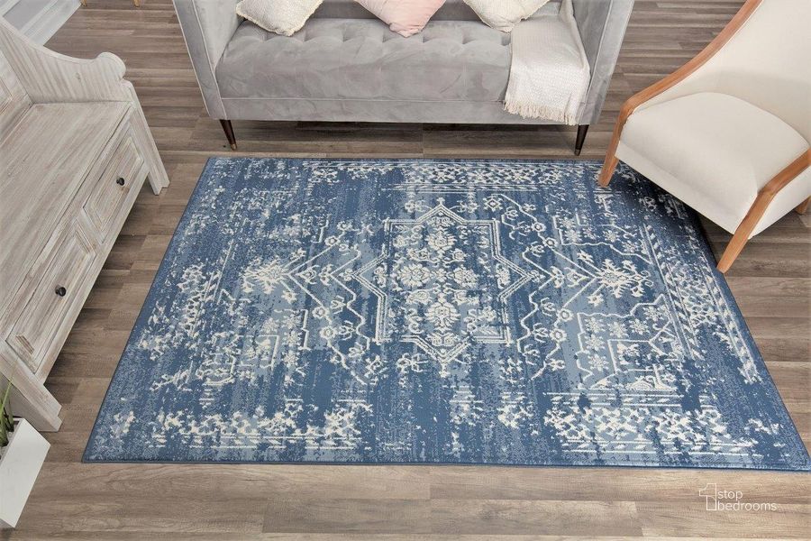 The appearance of Gallagher GL35A Sea Salt Vintage Transitional blue 2' x 4' Area Rug designed by Rugs America in the transitional interior design. This blue piece of furniture  was selected by 1StopBedrooms from Gallagher Collection to add a touch of cosiness and style into your home. Sku: RA30053. Material: Polypropylene. Product Type: Area Rugs. Image1