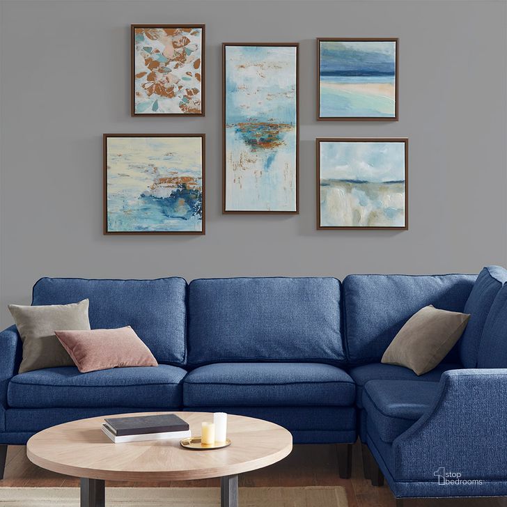 The appearance of Gallery Art 5 Piece Set With Bronze Frame In Blue Multi designed by Olliix in the modern / contemporary interior design. This blue multi piece of furniture  was selected by 1StopBedrooms from Blue Horizon Collection to add a touch of cosiness and style into your home. Sku: MP95C-0179A. Product Type: Wall Art. Material: MDF. Image1