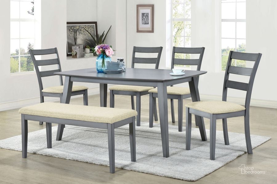 The appearance of Dining Table With 4 Chairs And Bench In Gray designed by Progressive Furniture in the transitional interior design. This gray piece of furniture  was selected by 1StopBedrooms from  to add a touch of cosiness and style into your home. Sku: D825-95G. Table Base Style: Legs. Product Type: Dining Room Set. Table Top Shape: Rectangular. Material: Rubberwood.