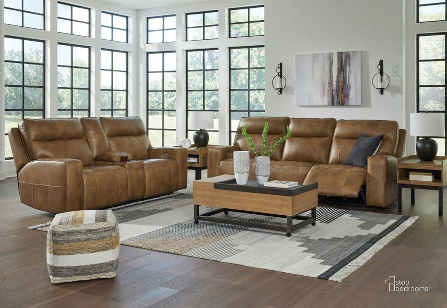 The appearance of Game Plan Leather Power Reclining Living Room Set With Adjustable Headrest In Caramel designed by Signature Design by Ashley in the modern / contemporary interior design. This caramel piece of furniture  was selected by 1StopBedrooms from Game Plan Collection to add a touch of cosiness and style into your home. Sku: U1520615;U1520618. Material: Leather. Product Type: Living Room Set. Image1