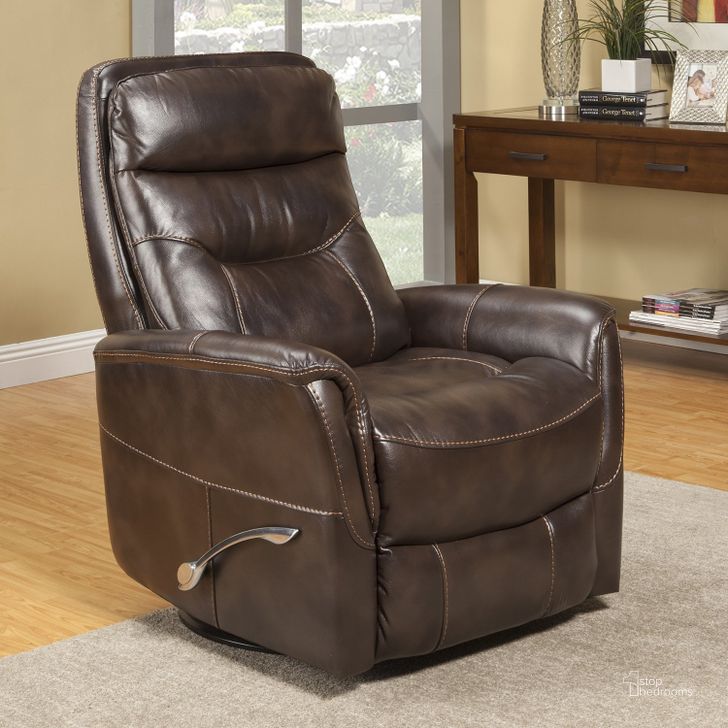 The appearance of Gemini Truffle Swivel Glider Recliner designed by Parker House in the traditional interior design. This dark brown piece of furniture  was selected by 1StopBedrooms from Gemini Collection to add a touch of cosiness and style into your home. Sku: MGEM#812GS-TRU. Material: Polyester. Product Type: Recliners and Rocker. Image1