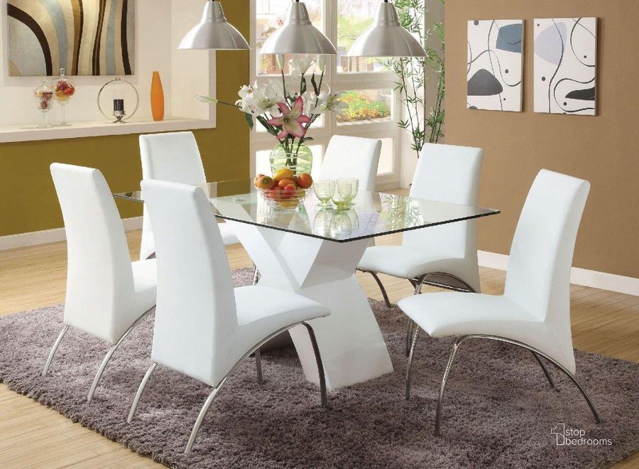 The appearance of Genedaya White Dining Set designed by Artisan Elegance in the modern / contemporary interior design. This white piece of furniture  was selected by 1StopBedrooms from Genedaya Collection to add a touch of cosiness and style into your home. Sku: CM8370T-WH-1;CM8370T-2;CM8370WH-SC-2PK. Table Base Style: Pedestal. Material: Leather. Product Type: Dining Room Set. Table Top Shape: Rectangular. Size: 36". Image1