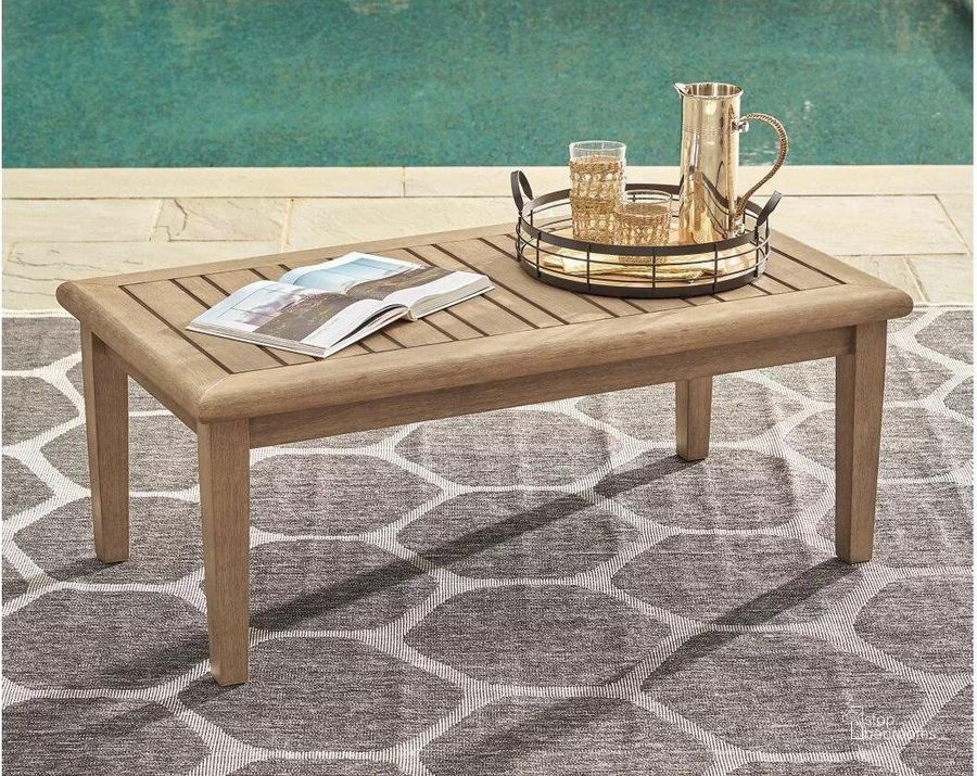 The appearance of Gerianne Grayish Brown Outdoor Rectangular Cocktail Table designed by Signature Design by Ashley in the transitional interior design. This grayish brown piece of furniture  was selected by 1StopBedrooms from Gerianne Collection to add a touch of cosiness and style into your home. Sku: P805-701. Material: Wood. Product Type: Outdoor Table. Image1