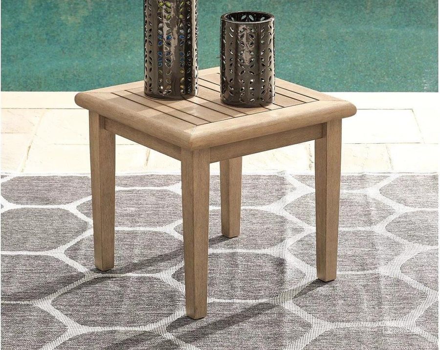 The appearance of Gerianne Grayish Brown Outdoor Square End Table designed by Signature Design by Ashley in the transitional interior design. This grayish brown piece of furniture  was selected by 1StopBedrooms from Gerianne Collection to add a touch of cosiness and style into your home. Sku: P805-702. Material: Wood. Product Type: Outdoor Table. Image1