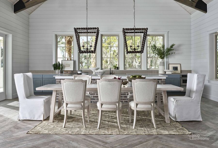 The appearance of Getaway Sea Oat 124 Inch Extendable Dining Room Set designed by Universal in the transitional interior design. This beige piece of furniture  was selected by 1StopBedrooms from Getaway Collection to add a touch of cosiness and style into your home. Sku: U033655-TAB;U033655-BASE;U033636P-RTA. Table Base Style: Trestle. Product Type: Dining Room Set. Table Top Shape: Rectangular. Image1