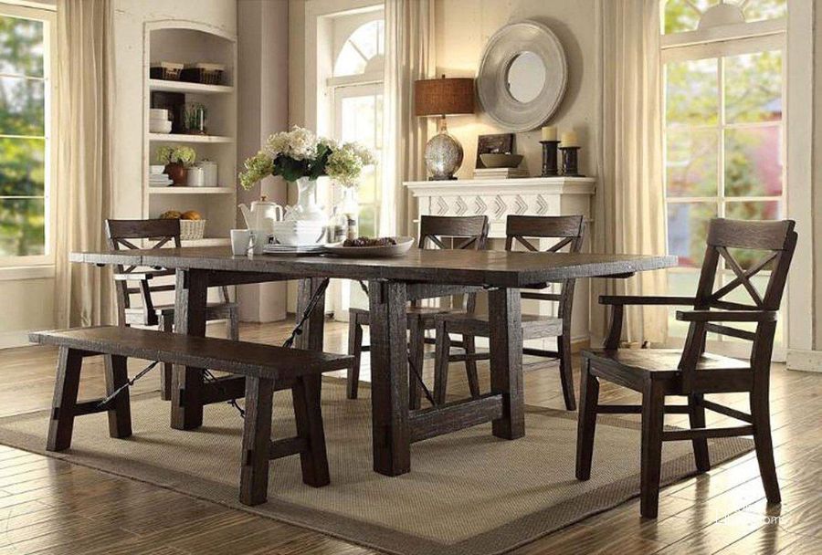 The appearance of Gettysburg Trestle Dining Room Set designed by ECI in the transitional interior design. This distressed oak piece of furniture  was selected by 1StopBedrooms from Gettysburg Collection to add a touch of cosiness and style into your home. Sku: 1475-05-TRT;1475-05-TRB;1475-05-S. Table Base Style: Trestle. Material: Wood. Product Type: Dining Room Set. Table Top Shape: Rectangular. Image1
