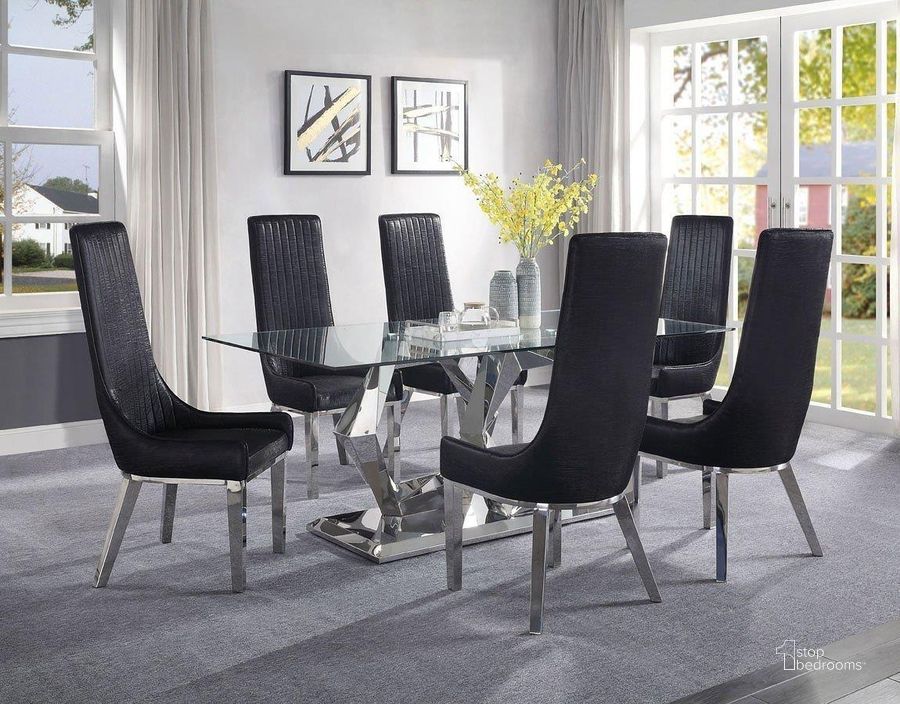 The appearance of Gianna Dining Room Set With Black Chairs designed by ACME in the glam interior design. This stainless steel piece of furniture  was selected by 1StopBedrooms from Gianna Collection to add a touch of cosiness and style into your home. Sku: 72470ST;72471BASE;72472GL;72474. Table Base Style: Double Pedestal. Product Type: Dining Room Set. Table Top Shape: Rectangular. Material: Stainless Steel. Size: 39". Image1