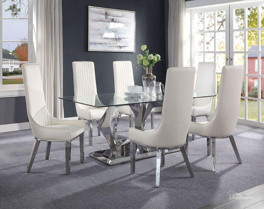 The appearance of Gianna Dining Room Set designed by ACME in the glam interior design. This stainless steel piece of furniture  was selected by 1StopBedrooms from Gianna Collection to add a touch of cosiness and style into your home. Sku: 72470ST;72471BASE;72472GL;72473. Table Base Style: Double Pedestal. Product Type: Dining Room Set. Table Top Shape: Rectangular. Material: Stainless Steel. Size: 39". Image1