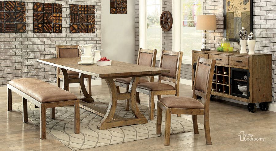 The appearance of Gianna 96 Inch Dining Table In Rustic Oak and Brown designed by Furniture of America in the rustic / southwestern interior design. This rustic oak and brown piece of furniture  was selected by 1StopBedrooms from Gianna Collection to add a touch of cosiness and style into your home. Sku: CM3829T-1;CM3829T-2. Table Base Style: Trestle. Material: Wood. Product Type: Dining Table. Table Top Shape: Rectangular. Image1