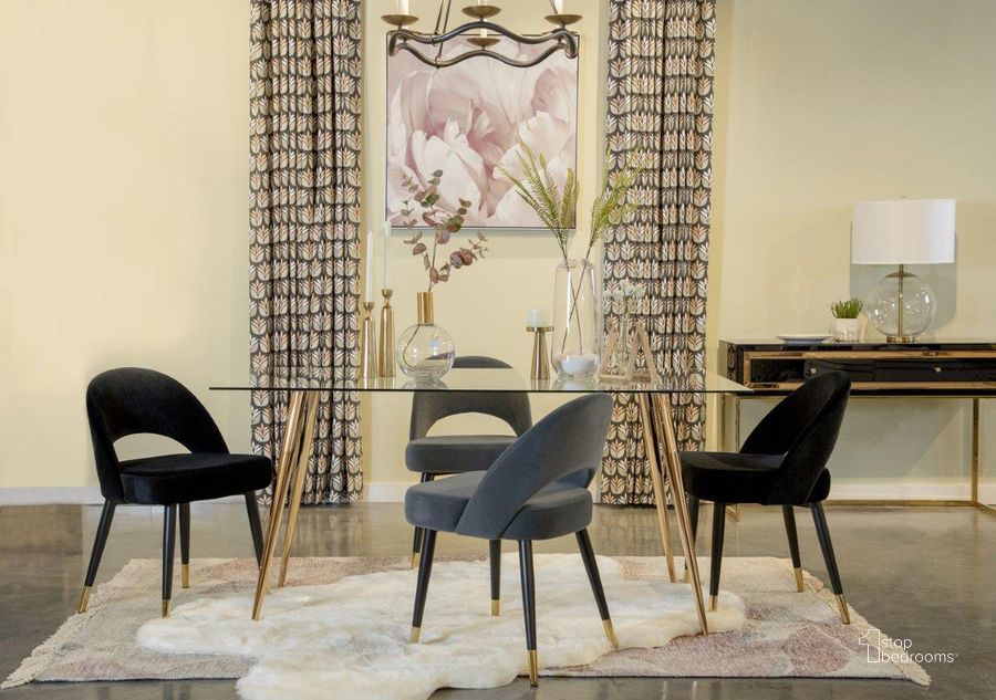 The appearance of Gilman Gold Dining Room Set designed by Coaster in the modern / contemporary interior design. This gold piece of furniture  was selected by 1StopBedrooms from Gilman Collection to add a touch of cosiness and style into your home. Sku: 190621GLDB1;190621GLDB2;193562B1;193562B2. Table Base Style: Legs. Material: Metal. Product Type: Dining Room Set. Table Top Shape: Rectangular. Size: 36". Image1