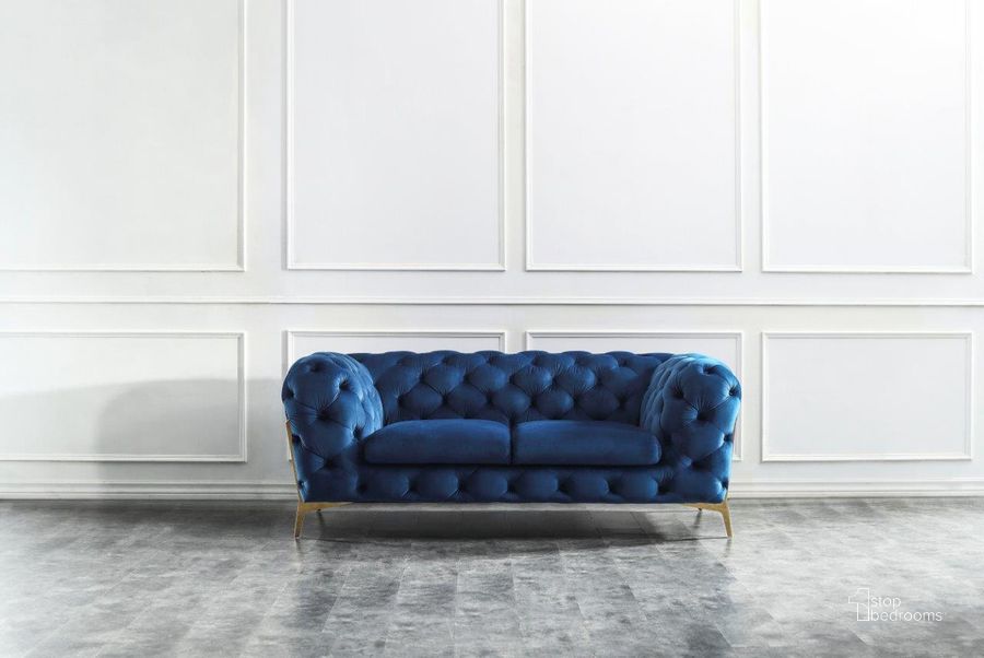 The appearance of Glamour Love Seat in Blue designed by J&M in the modern / contemporary interior design. This blue piece of furniture  was selected by 1StopBedrooms from Glamour Collection to add a touch of cosiness and style into your home. Sku: 17182-L. Material: Wood. Product Type: Loveseat. Image1