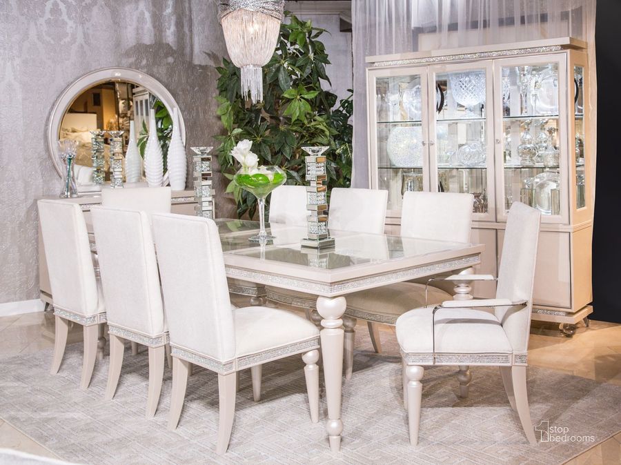 The appearance of Glimmering Heights Ivory Dining Room Set designed by AICO in the glam interior design. This ivory piece of furniture  was selected by 1StopBedrooms from Glimmering Heights Collection to add a touch of cosiness and style into your home. Sku: 9011000L-111;9011003R-111;9011000T-111. Table Base Style: Legs. Material: Wood. Product Type: Dining Room Set. Table Top Shape: Rectangular. Size: 88". Image1